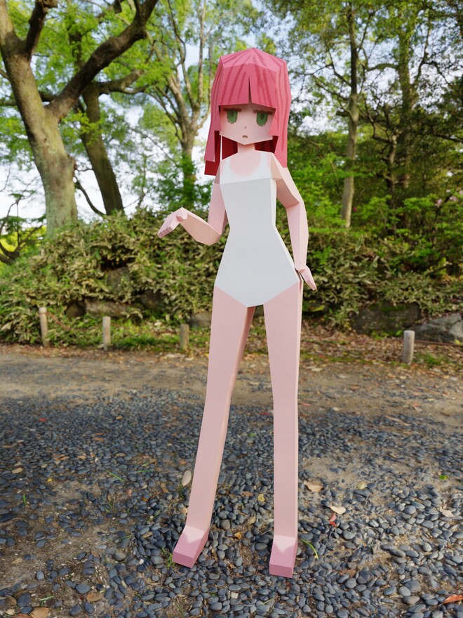 Низкополигональная девочка в высокополигональном лесу